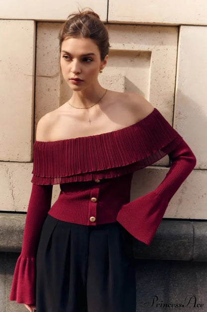 Off-the-Shoulder French Button-Panel Knit Sweater Red / S