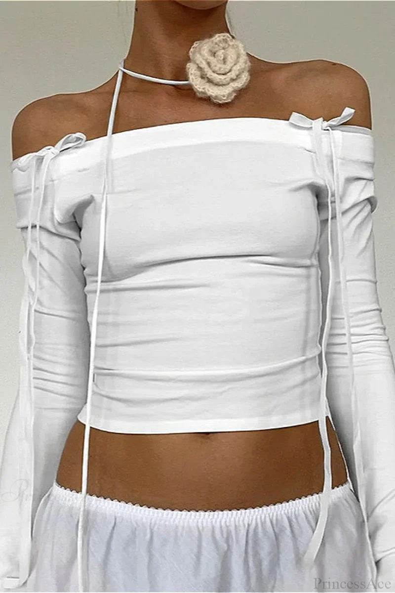 Off-the-Shoulder Tie Detail Fitted Long Sleeve Blouse
