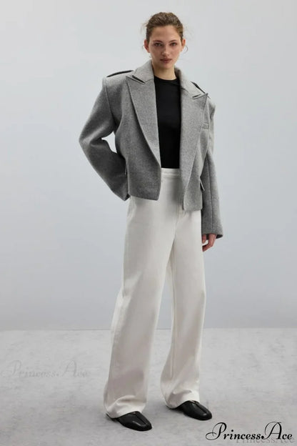 Oversized Notch Lapel Epaulette Woolen Blazer