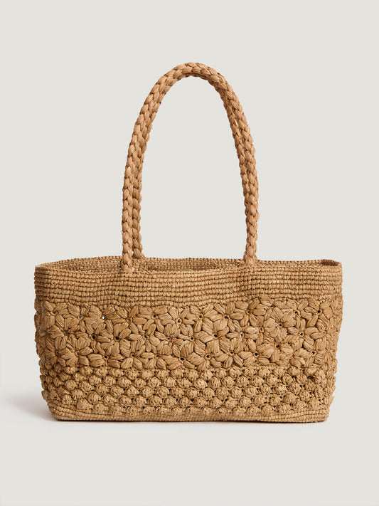 SQUARE beige raffia basket bag, front view by Rouje