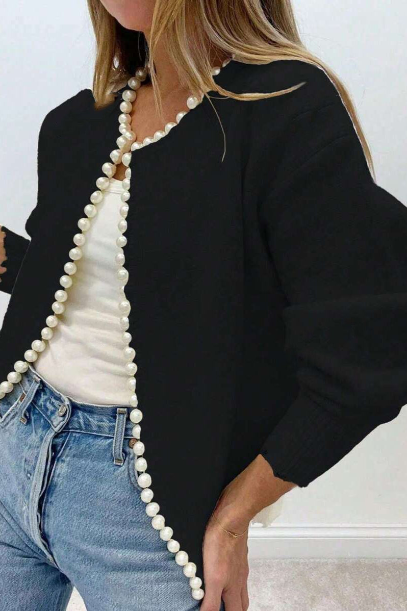 Pearl-Trimmed Crew-Neck Heavy-Detail Knit Cardigan