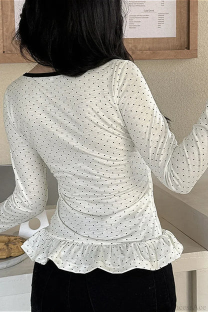 Polka Dot Bow Front Ruffle Fitted Long Sleeve Tee