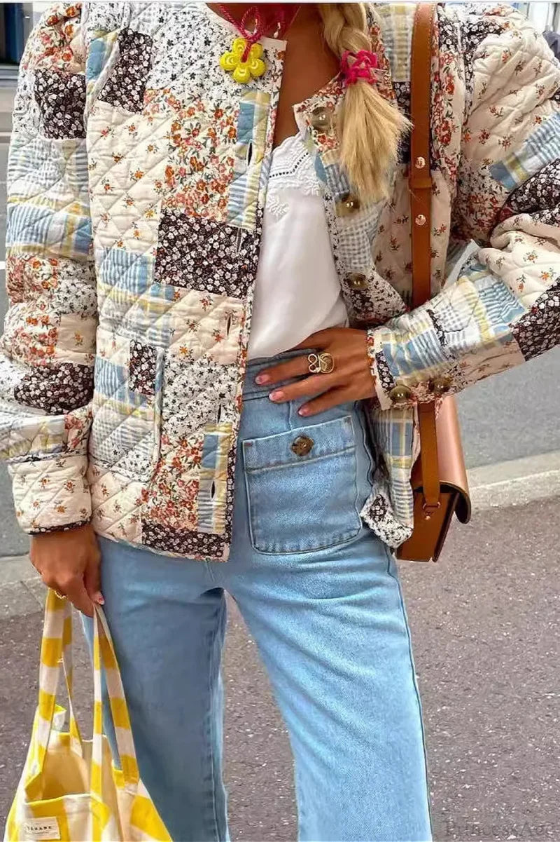 Printed Quilted Puffer Big Pocket Coat Pink / XS