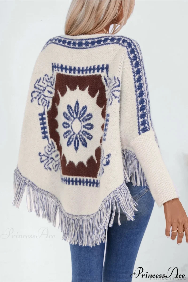 Pullover Knit Ethnic Long Sleeve Blouse Apricot / One Size