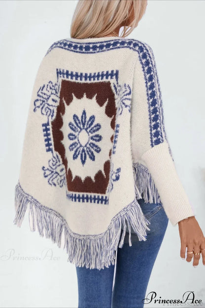 Pullover Knit Ethnic Long Sleeve Blouse Apricot / One Size