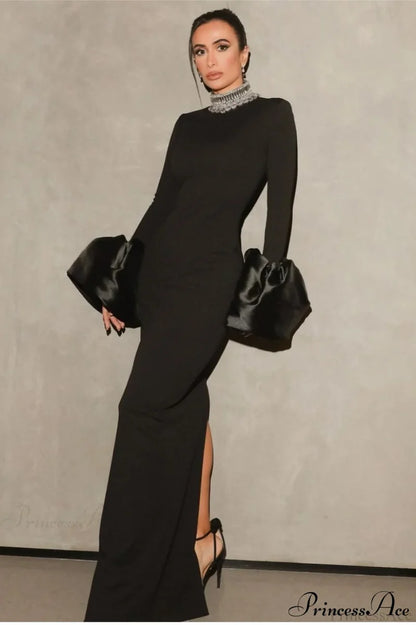 Red Bandage Flared Long Sleeves Party Dress Black / XS