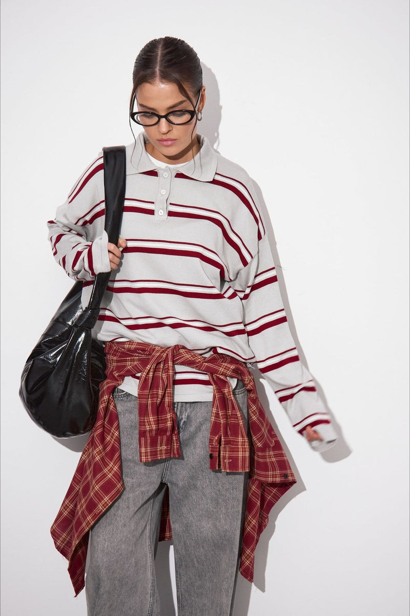 Relaxed Collared Striped Long Sleeve Blouse