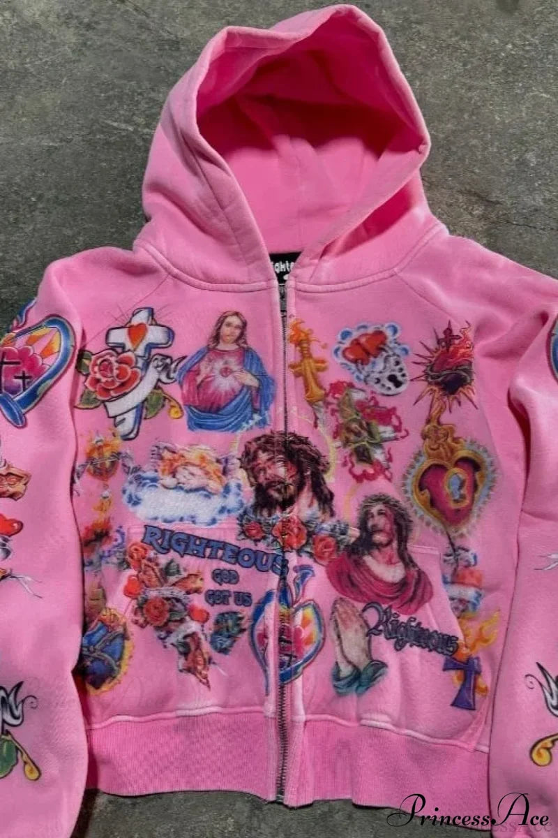 Retro Pattern Printed Loose Hoodie Pink / S