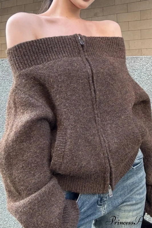 Retro Zip Off-Shoulder Slim-Fit One-Size Knit Cardigan Brown / One Size