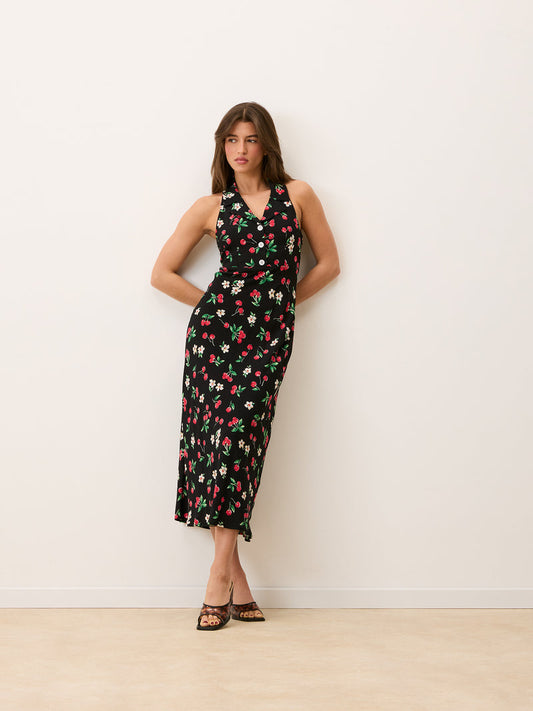 CARLITA black Cherry baby print sleeveless crepe maxi dress, front view by Rouje