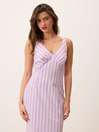 ELIANA pink striped midi dress, detail of V-neck by Rouje