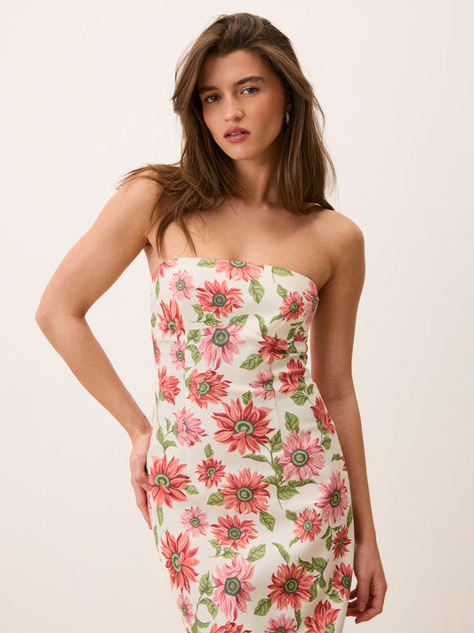 EVY ecru Sunflower floral print midi dress with straps, front view by Rouje
