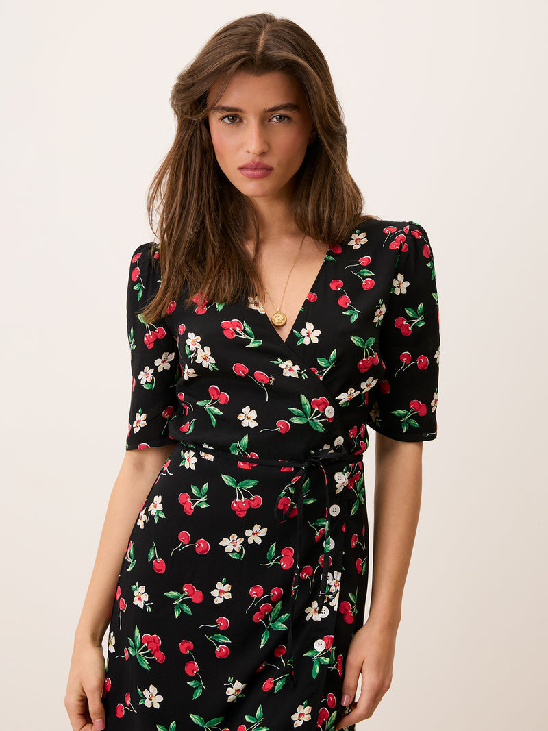 GABINETTE black Cherry baby print short wrap dress, front view by Rouje