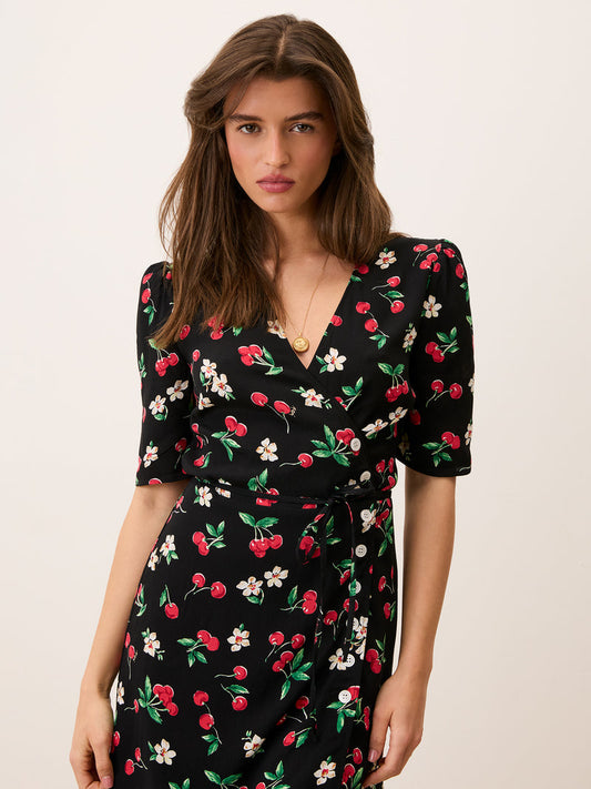 GABINETTE black Cherry baby print short wrap dress, front view by Rouje