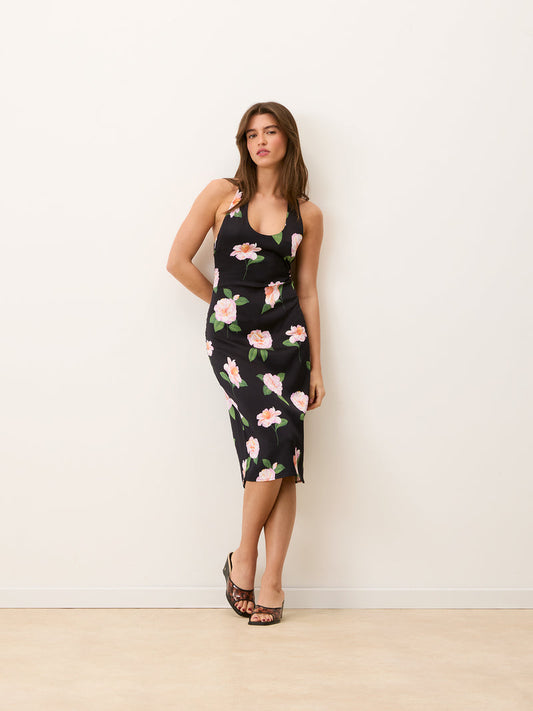 GAIA black Fleurs de Minuit floral stretch satin halter midi dress, front view by Rouje