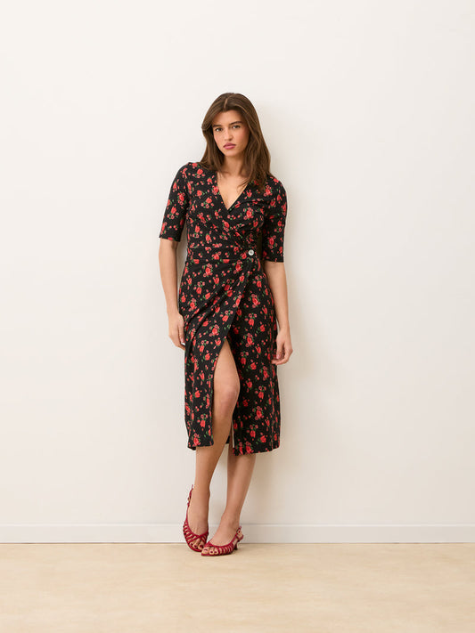ROXY black Balade bucolique floral midi wrap dress, front view by Rouje