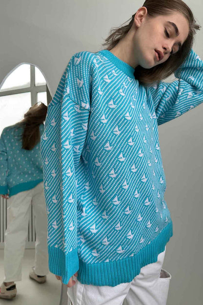 Sailboat Pattern Crew Neck Knit Sweater