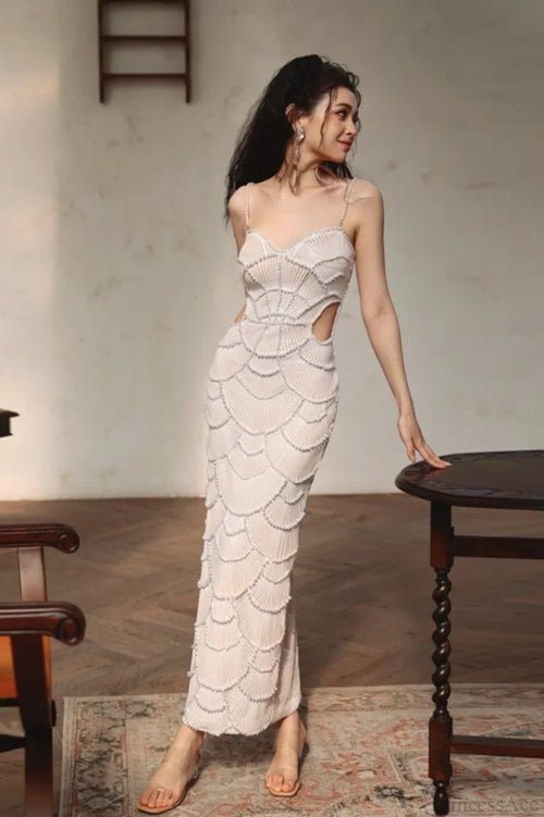 Sequin Beaded Cutout Waist Spaghetti Strap Wedding Dress White / S