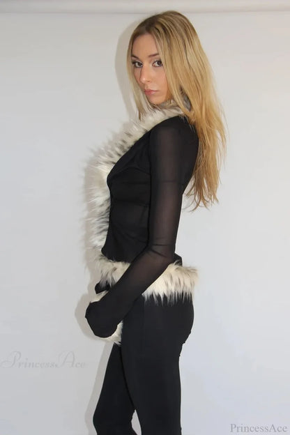 Sexy Chic Fur Collar Tulle Panel Cropped Long Sleeve Blouse