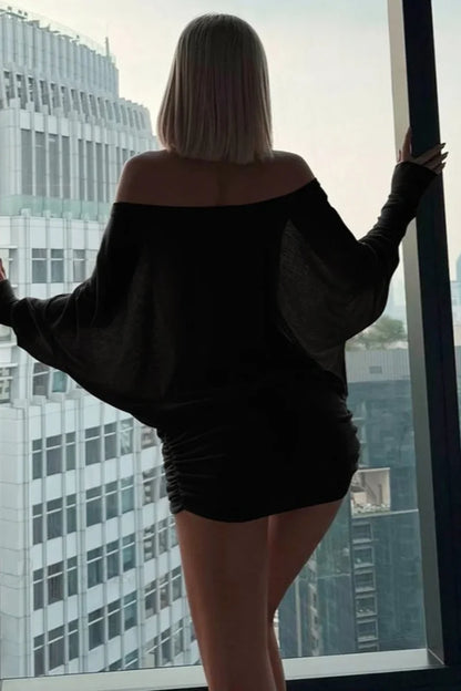 Sexy Solid Color Batwing Off-the-Shoulder Long Sleeve Blouse