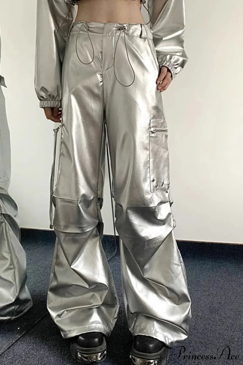 Silver Cuffed High Waist Cargo Pants