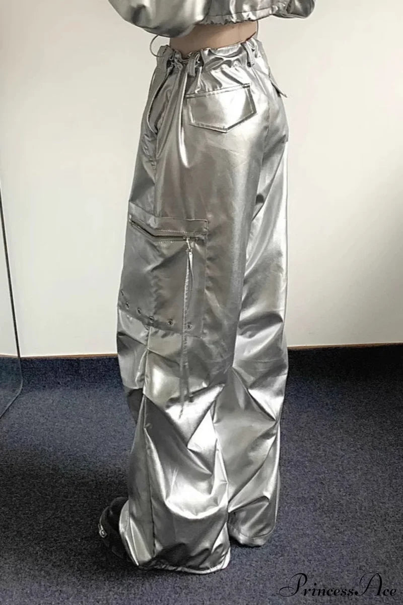 Silver Cuffed High Waist Cargo Pants