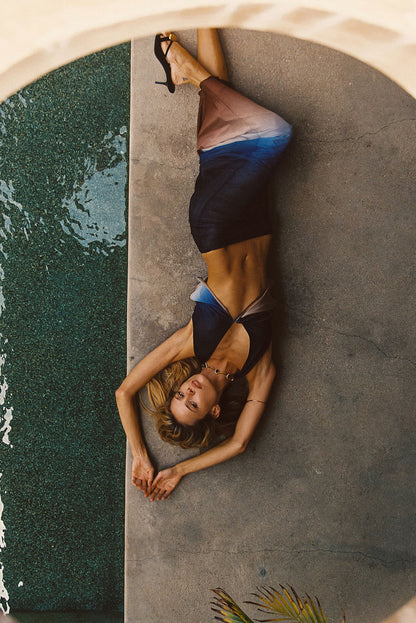 Sina Midnight Mesh Ombre Top styled in a complete look from an alternate angle.