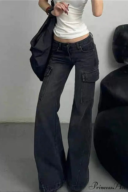 Slim Fit Low Waist Denim Cargo Pants Black / S