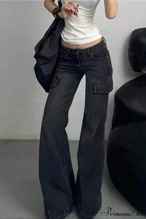 Slim Fit Low Waist Denim Cargo Pants Black / S