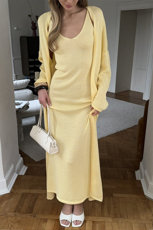 Soft Knit Cutout Tank Dress Long Sleeve Cardigan Two Piece Set