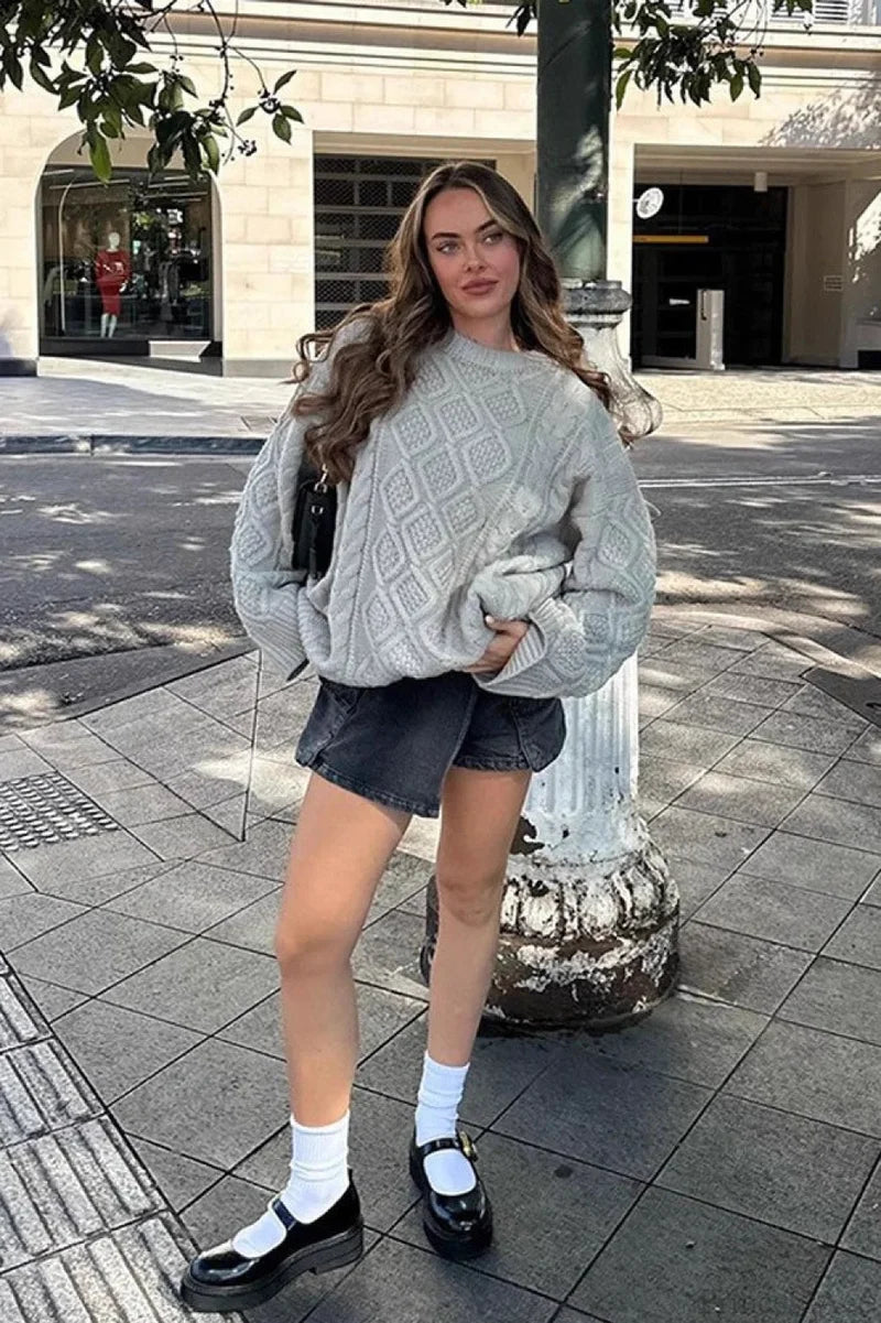 Solid 3D Chunky Cable Argyle Crewneck Loose Sweater