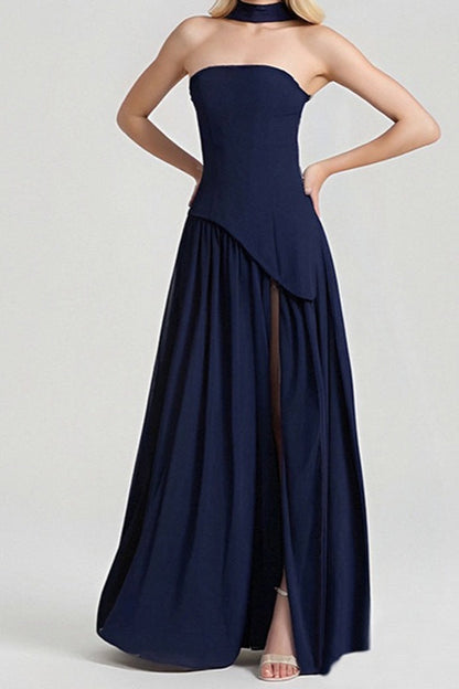 Solid Bustier High Slit Formal Dress S / Blue