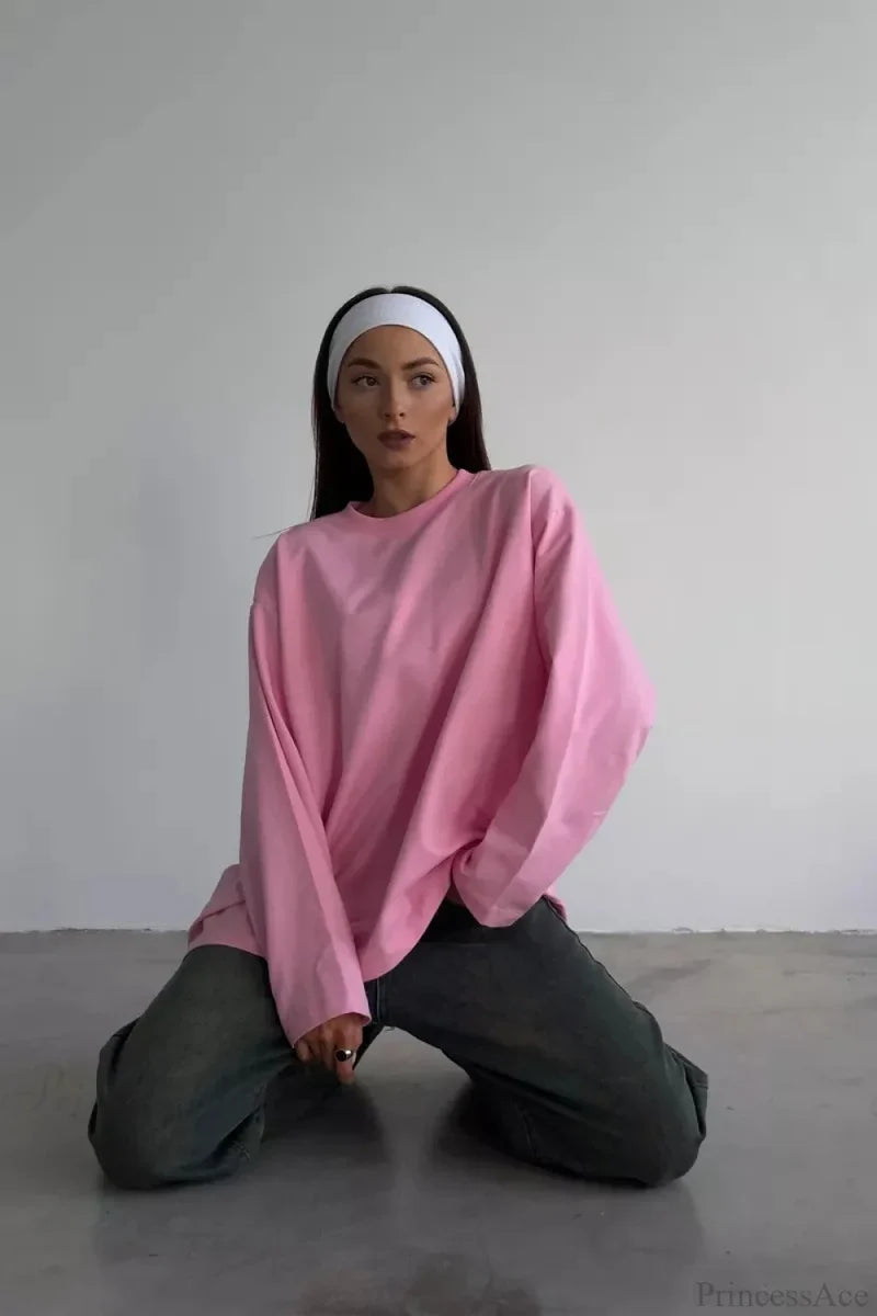 Solid Color Crew Neck Loose Casual Long Sleeve Tee