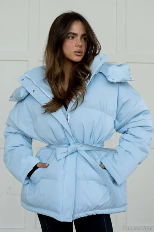 Solid Color Hooded Zippered Thickened Quilted Coat Blue / S