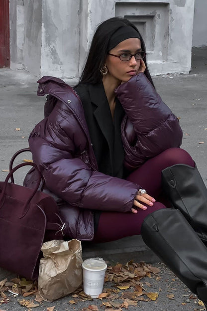 Solid Color Zipped Hooded Puffer Jacket