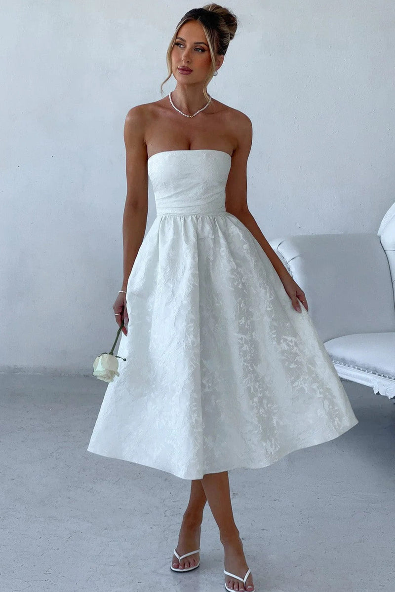 Solid Jacquard Strapless A-Line Party Dress