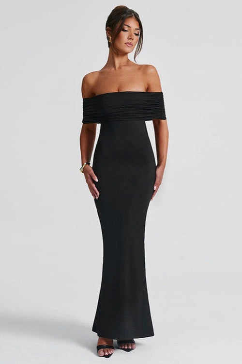 Solid Off Shoulder Ruched Formal Dress S / Black