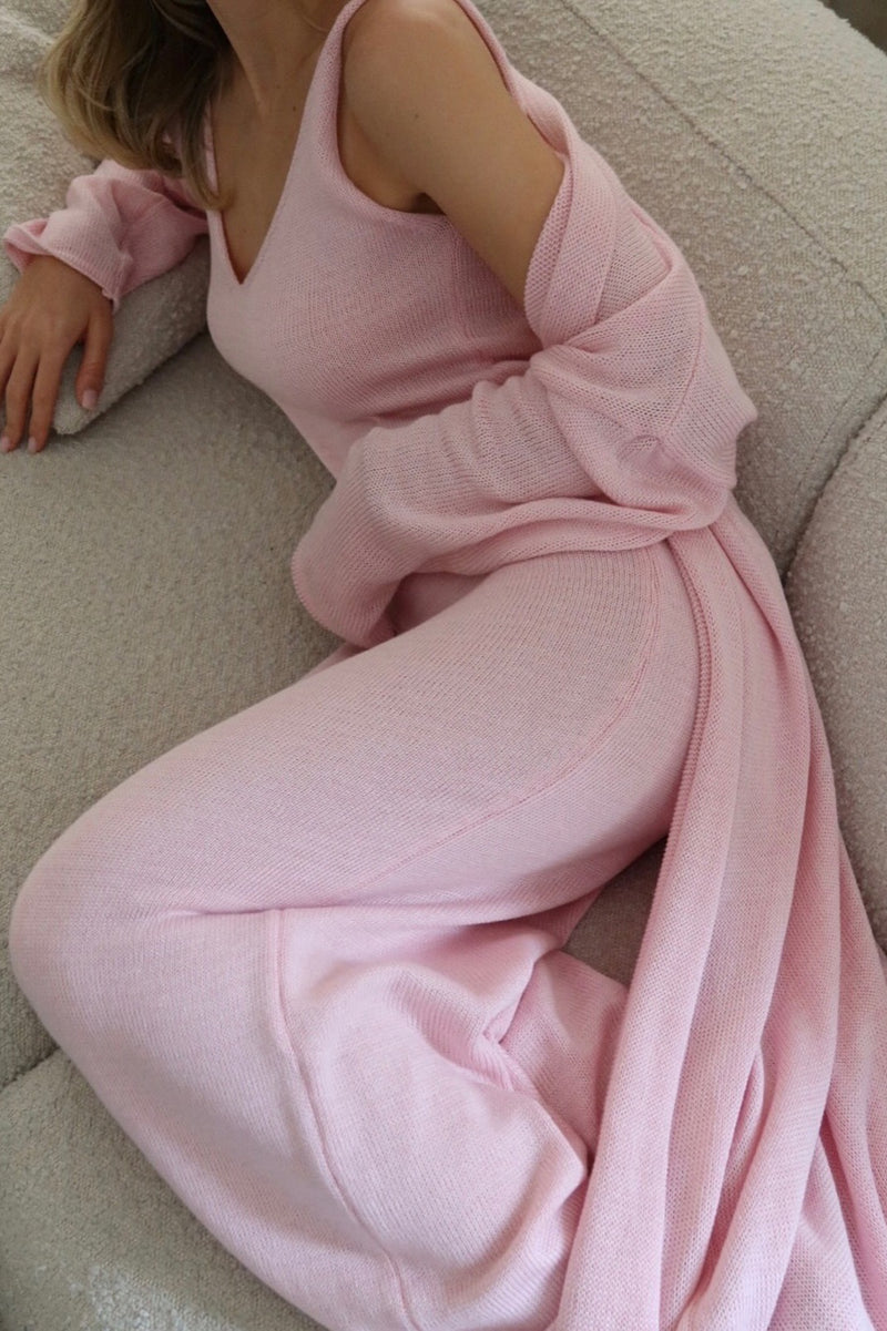Solid V Neck Cotton Knit Bodycon Two Piece Set