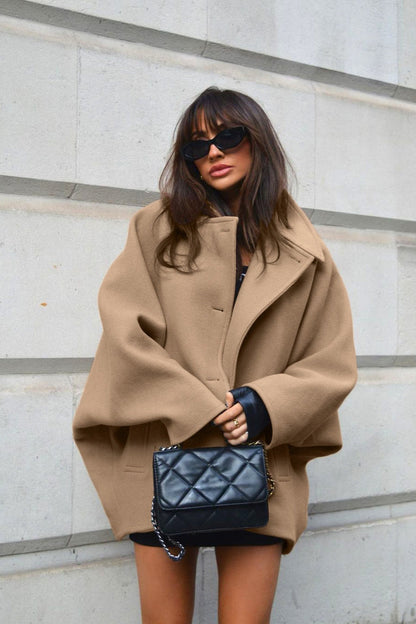Solid Wool Notch Collar Bell Sleeve Coat