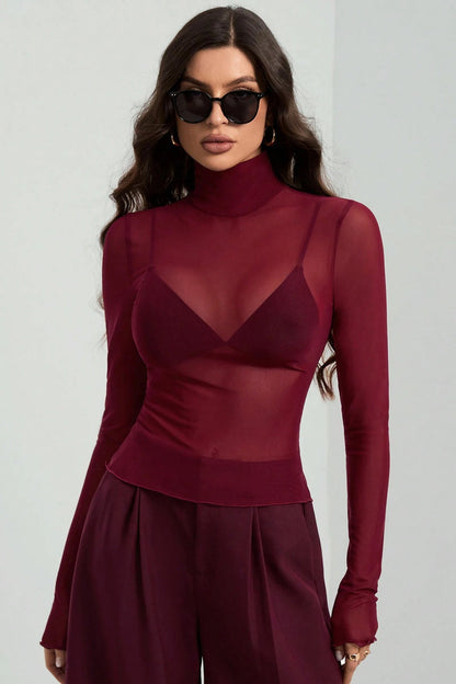 Stand Collar Solid Mesh Slim Fit Long Sleeve Tee