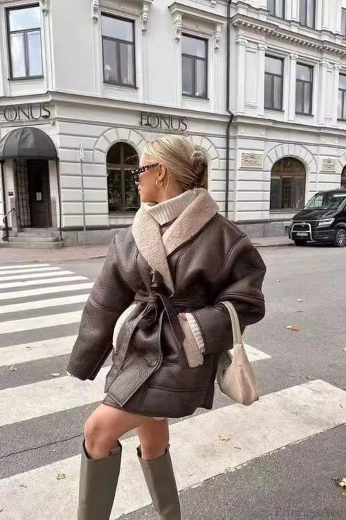 Street Style Color Block Tie Waist Faux Leather Coat Brown / S