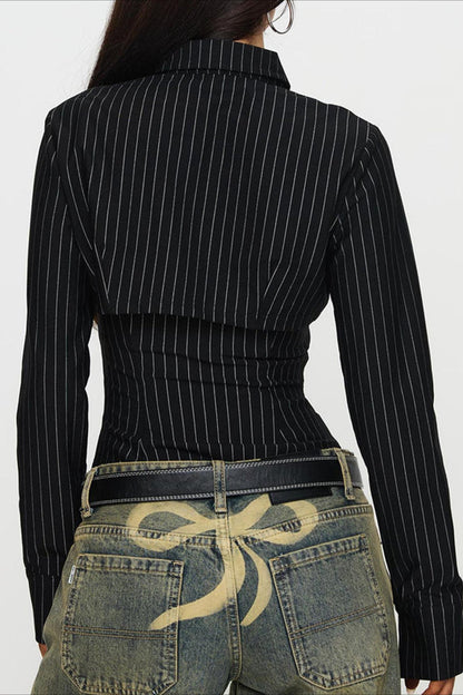 Striped Collared Buttoned Hollow Long Sleeve Blouse