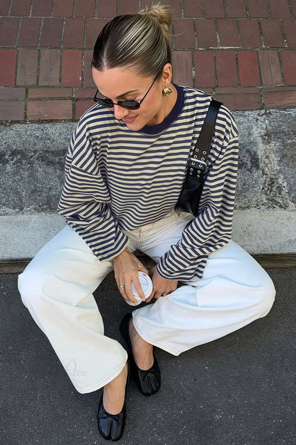 Striped Color Block Crew Neck Loose Long Sleeve Tee