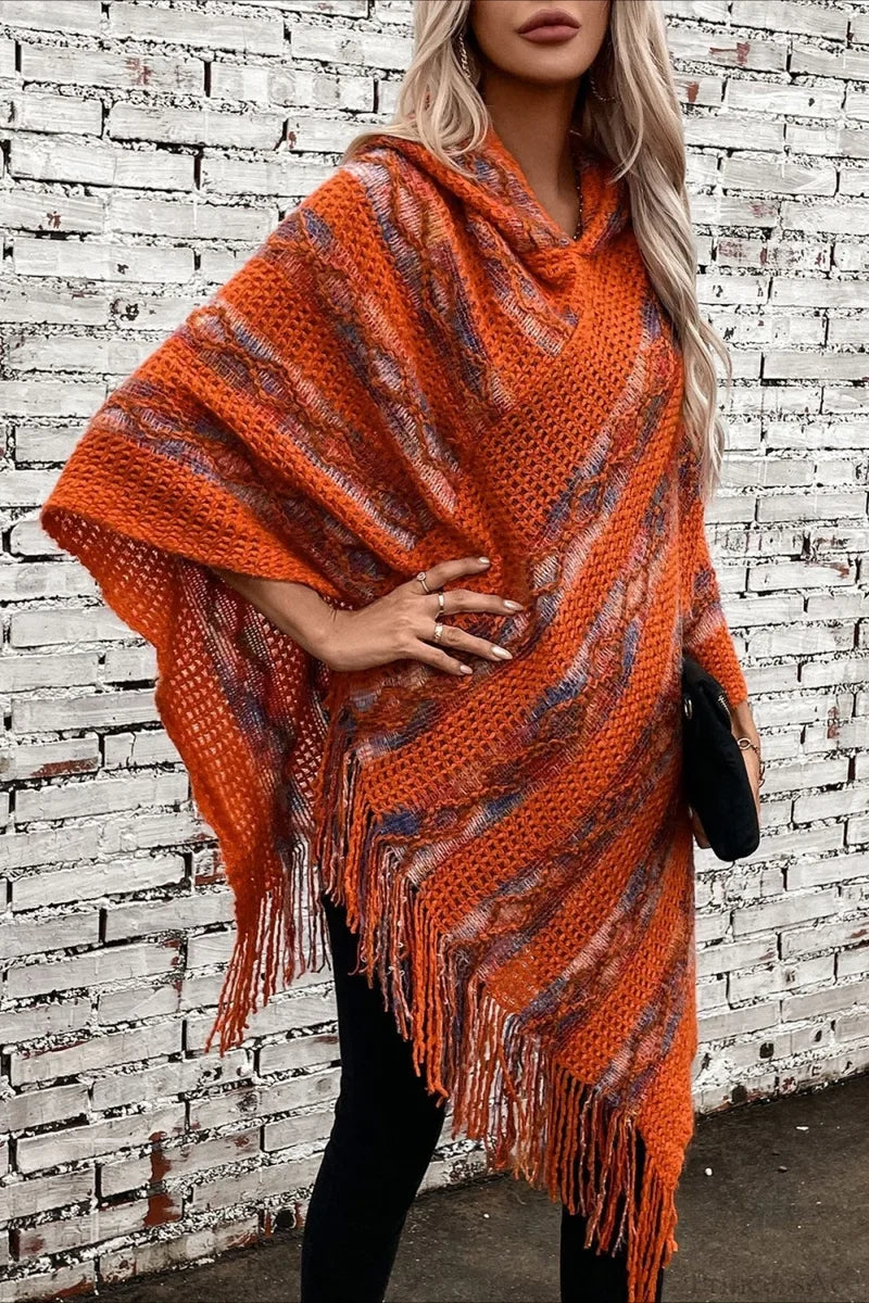 Striped Hooded Knit Tassel Relaxed Coat Red / One Size