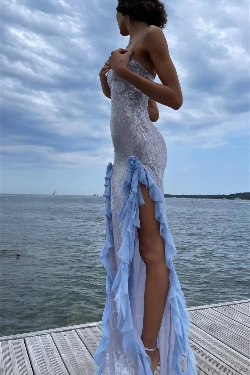 Sultry Sequined Ruffled 3D Floral Wedding Dress