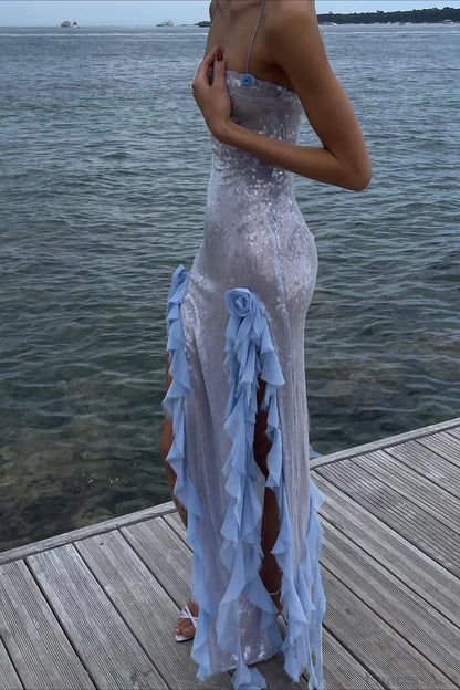Sultry Sequined Ruffled 3D Floral Wedding Dress