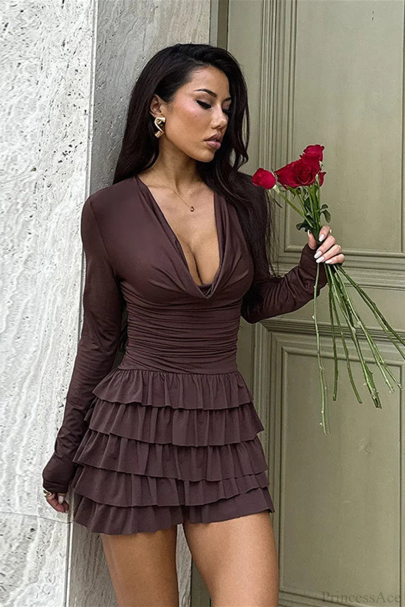 Tiered V-Neck Ruched Slim Mini Dress Brown / S