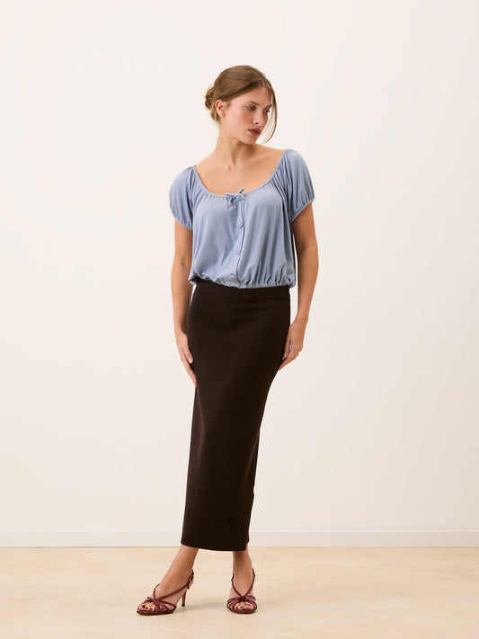MAEL lilac blue flowy crop top with gathered short sleeves, front view by Rouje