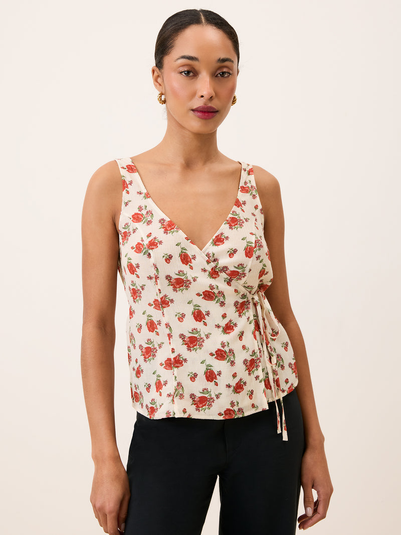 NADIA ecru floral crossover top worn on a model by Rouje