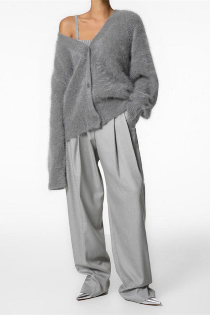 V Neck Fluffy Knit Cardigan Sweater